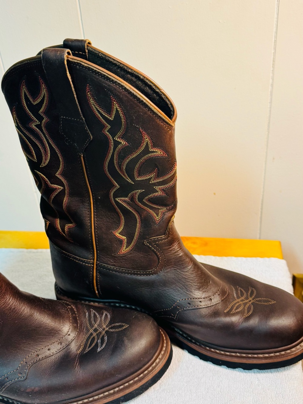 Men's Brown Leather Western Work Boots - Embroidered Shaft - Picture 9 of 11